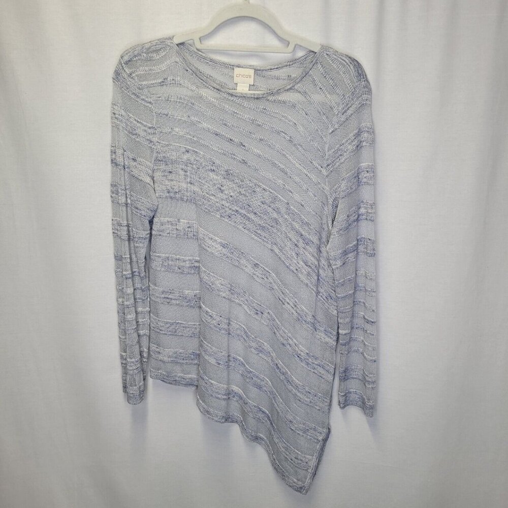 Chico's Women's Size 1 Pullover Sweater Blue Sparkle Asymmetrical Hem